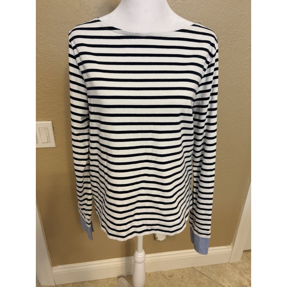 J Crew Women's Navy And White Boat Neck Tee With Cuffs, Medium, Nautical Preppy
